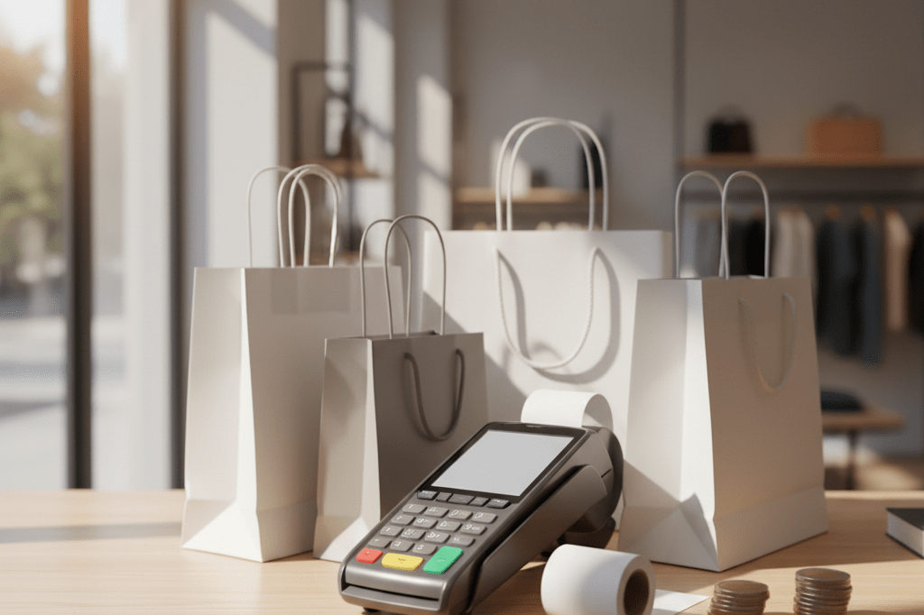 Modern payment terminal on counter with shopping bags under natural light, highlighting transaction transparency