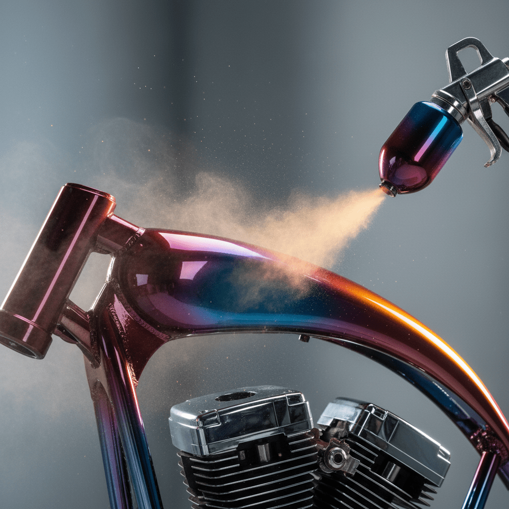 Powder coating gun spraying candy color onto a polished chrome motorcycle frame.