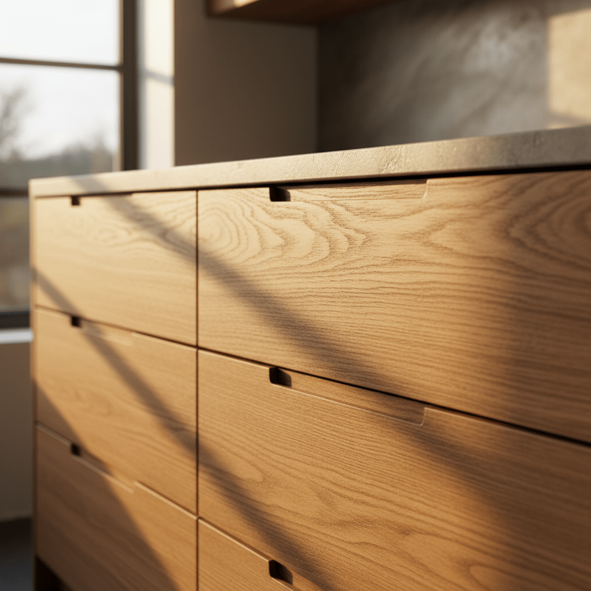 Warm organic modern kitchen drawers with natural oak finish and recessed grips.