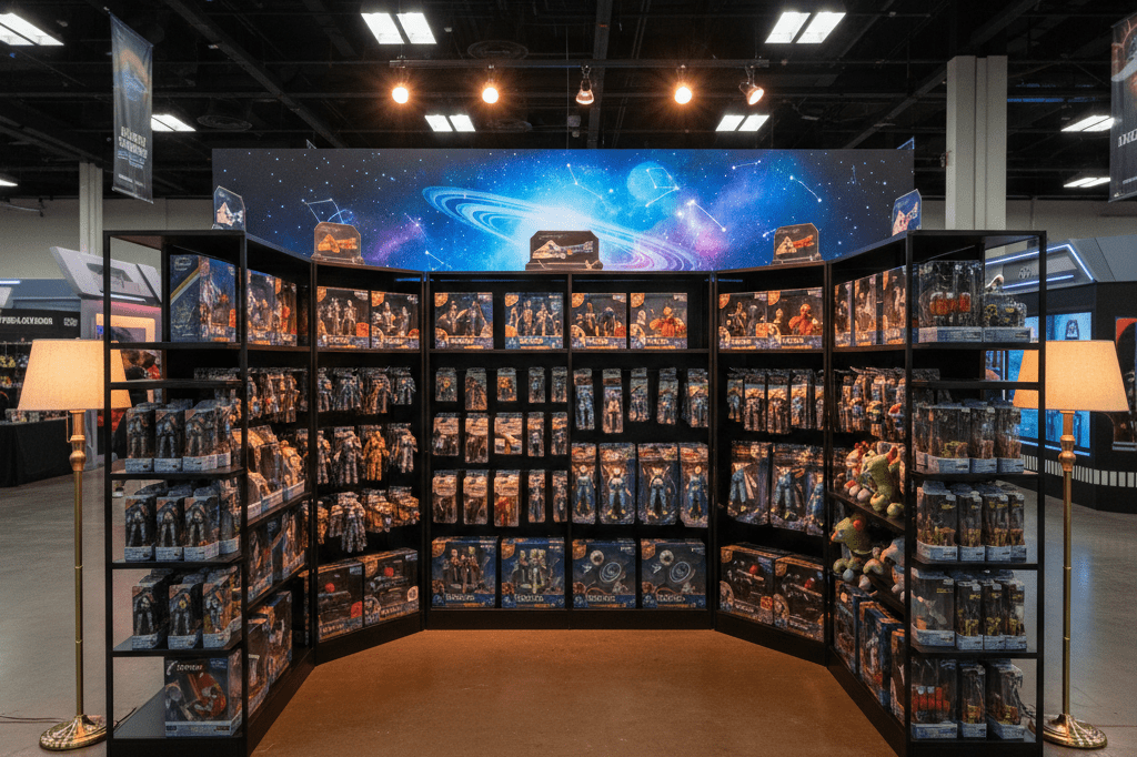 Themed retail environment with generic sci-fi merchandise under warm ambient lighting, evoking excitement for entertainment-driven shopping