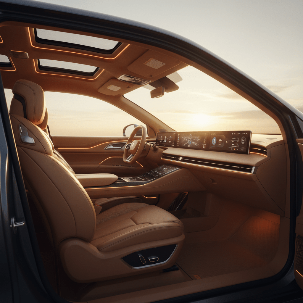 Spacious SUV interior with amber LED lights and warm golden reflections.