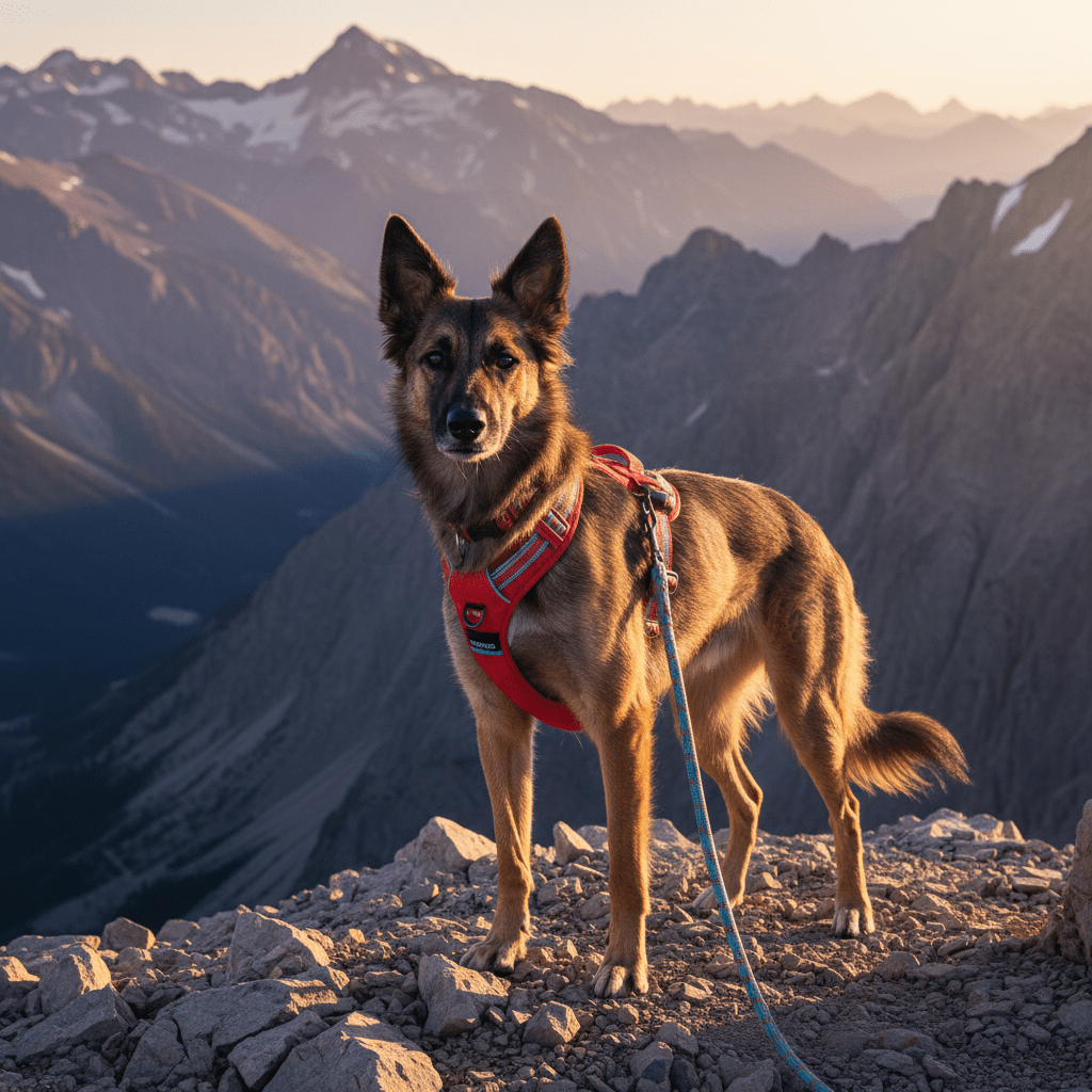 Athletic dog in vibrant harness on mountain peak at golden hour.
