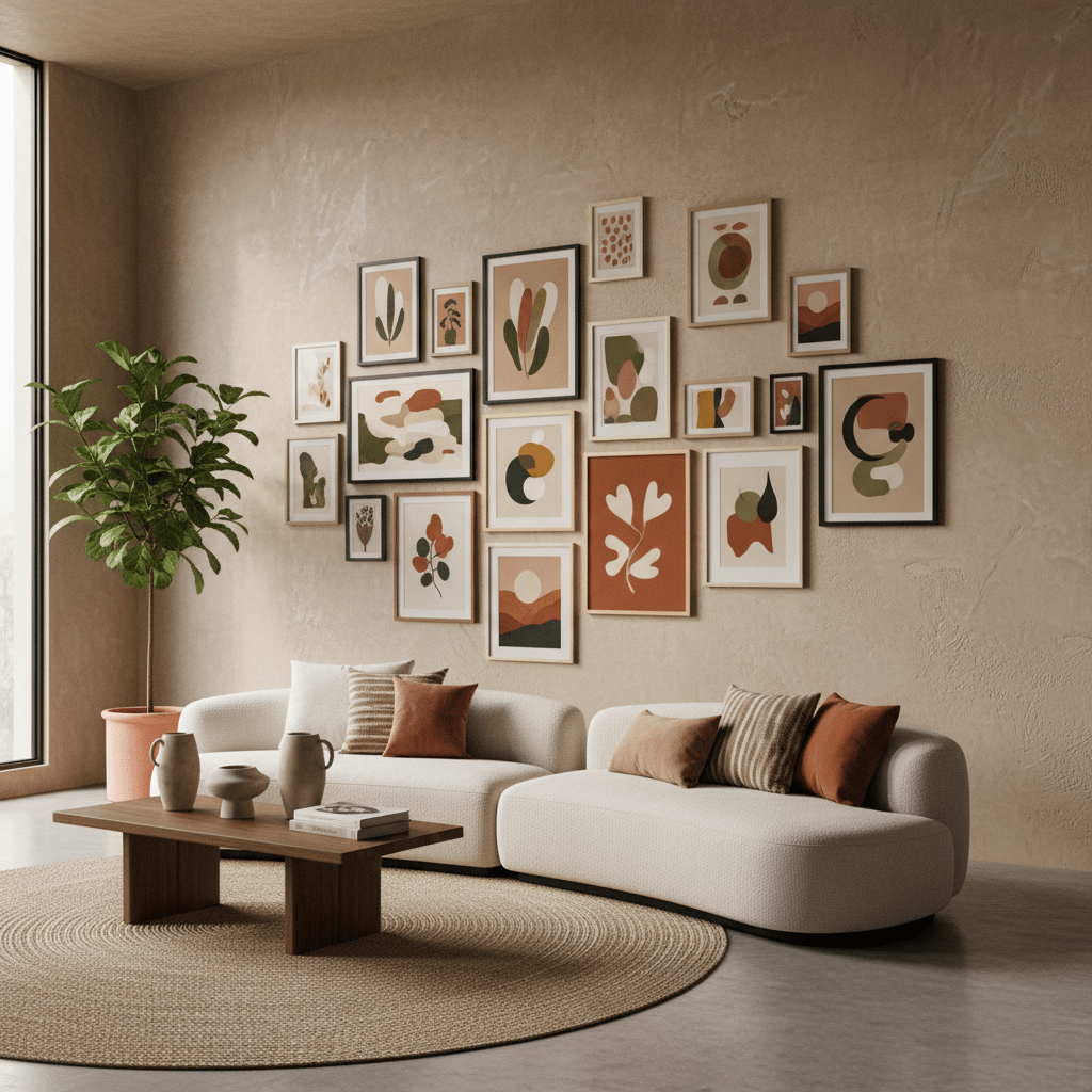 Eclectic gallery wall with mixed frames and earthy toned art in a modern living room.