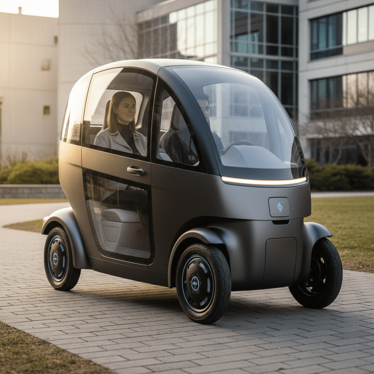 Sleek electric quadricycle with transparent windows drives on a sunny campus pathway.