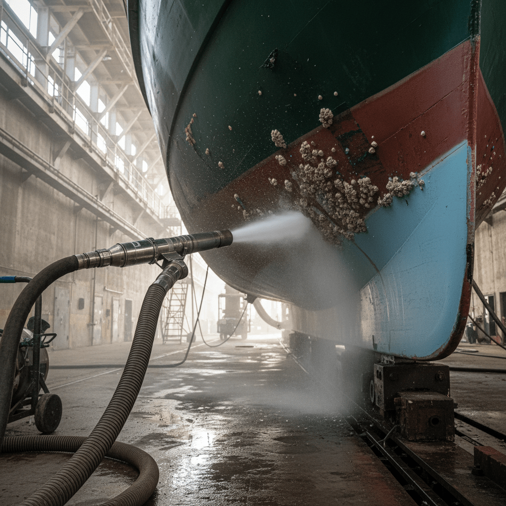 Modern dry ice blasting equipment removes marine growth from a boat hull.