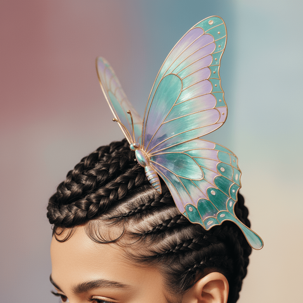 Sculptural butterfly clip in braided avant-garde hairstyle Avant-garde hairstyle with an oversized iridescent butterfly hair clip and intricate braids.