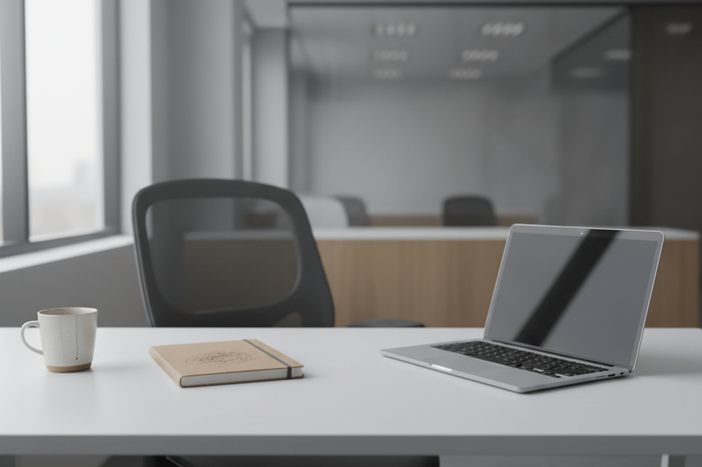 Medium shot of an unoccupied office desk with subtle signs of stress: askew chair, closed notebook, half-empty mug, muted laptop reflection