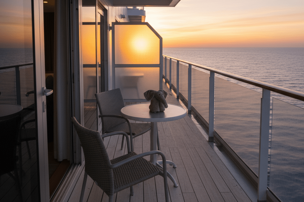 Vacant cruise ship balcony with ocean view, soft sunset lighting, and subtle signs of recent guest activity