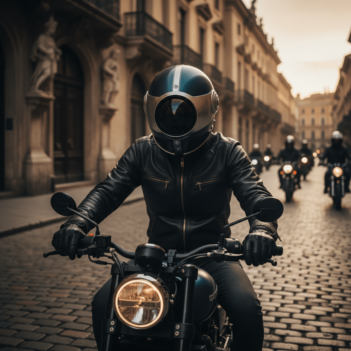 Futuristic helmet camcorder captures rider on historic European street at golden hour.