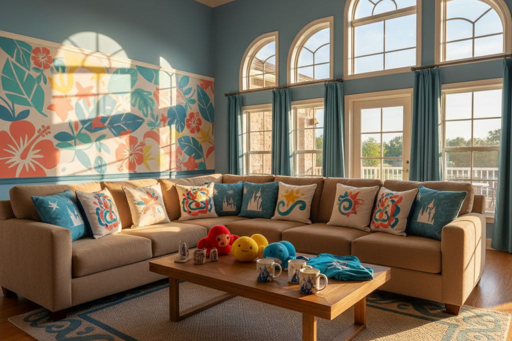 Vibrant Disney-themed living room setup with Hawaiian-inspired decor under warm natural lighting