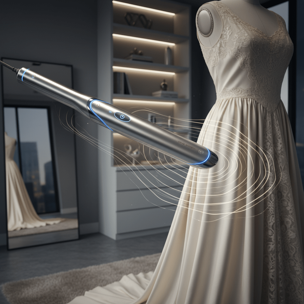 Elegant metallic ultrasonic wand hovering over a delicate vintage silk dress.