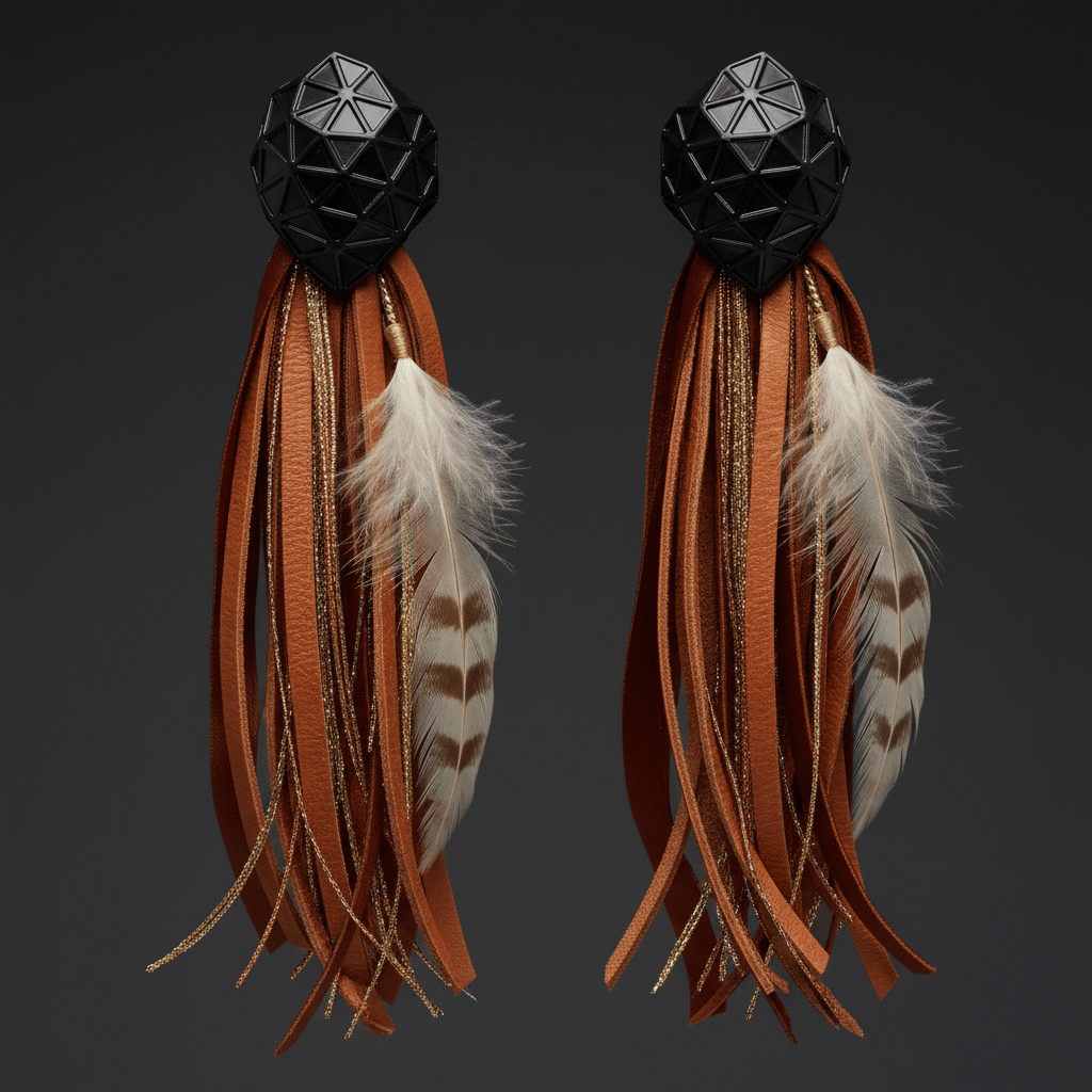 Avant-garde camel brown leather tassel earrings with feather detail and silk ribbons.