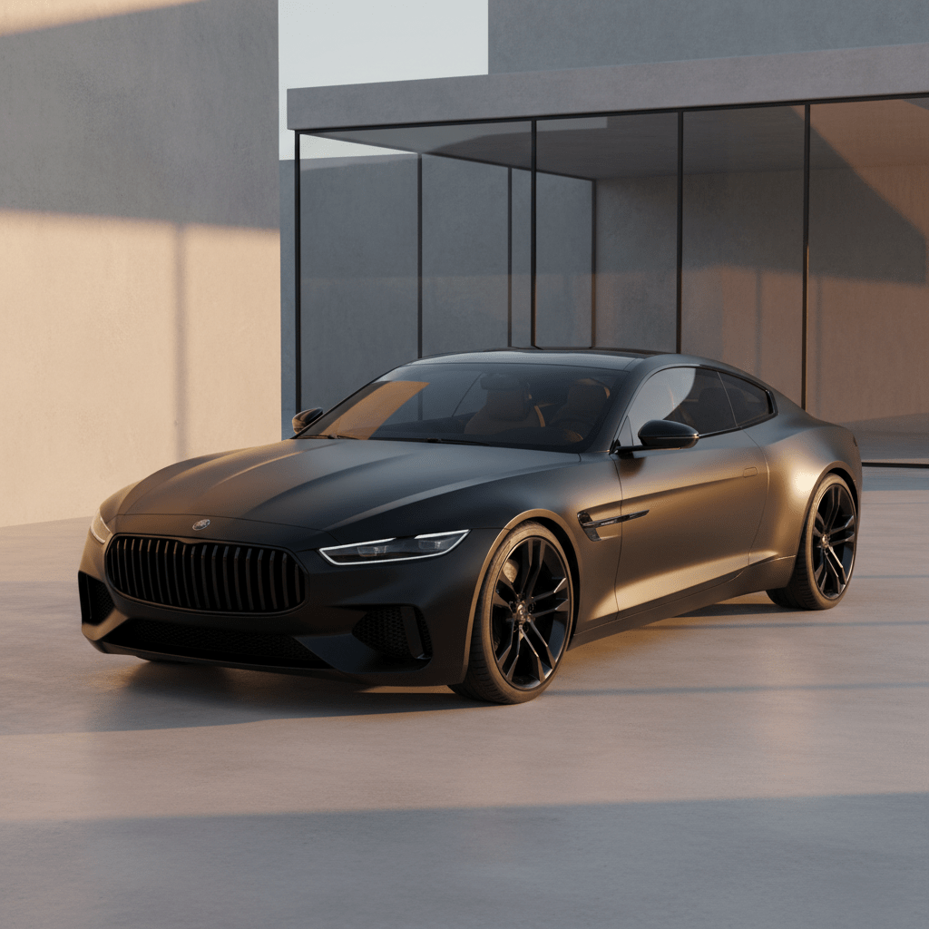 Satin black luxury car with gloss accents in minimalist architecture at golden hour.