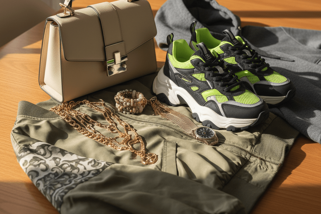 Stylish outfit pairing luxury handbag, sneakers, and accessories displayed under natural light, reflecting viral social media trends