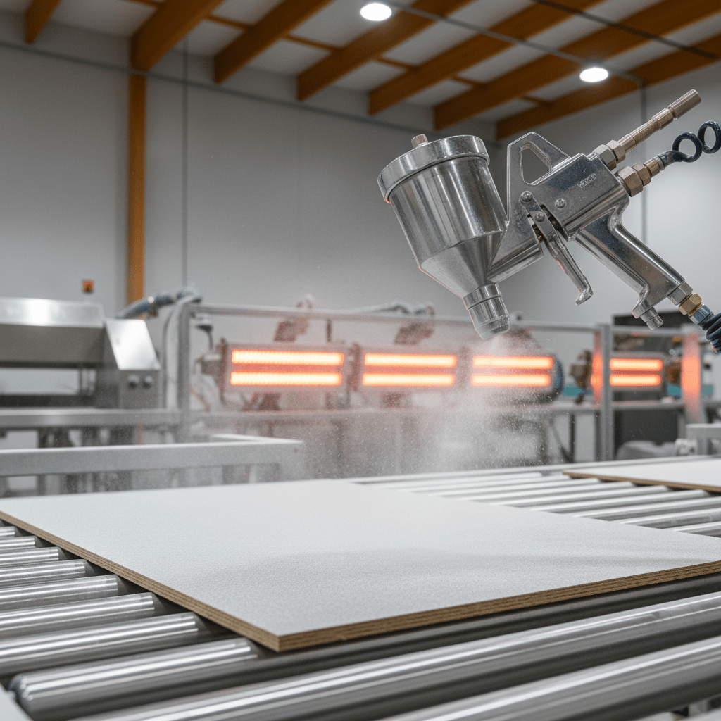 Professional powder coating gun applies low-temperature cure powder to smooth MDF panel.