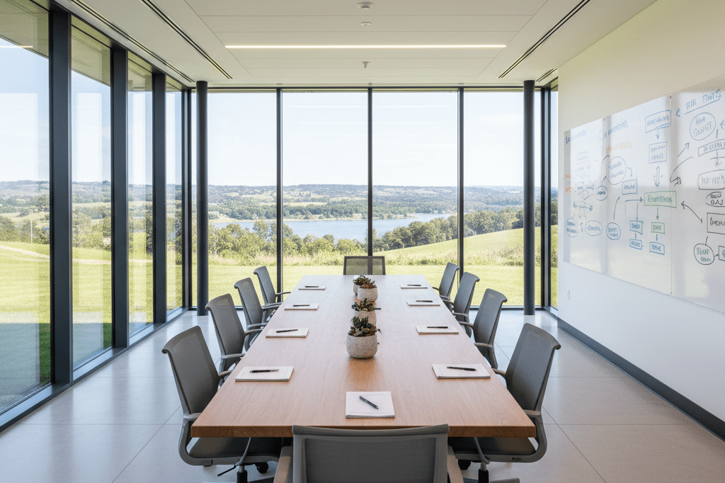 Wide shot of a stylish corporate retreat meeting space with team-building supplies under soft daylight