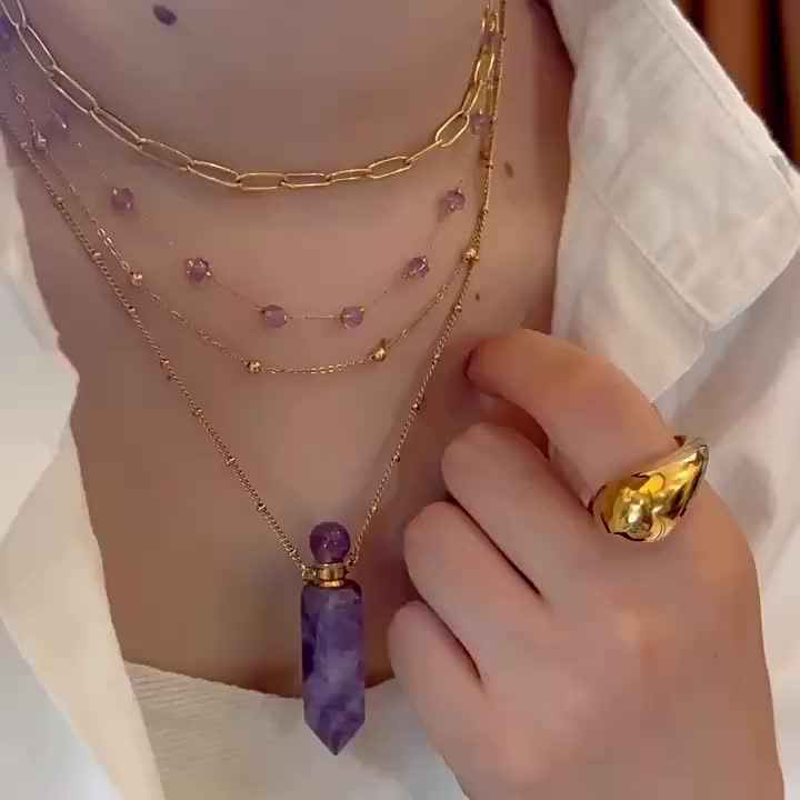 Natural Amethyst Thex Prism Crystal Pendent Stone Necklace Healing