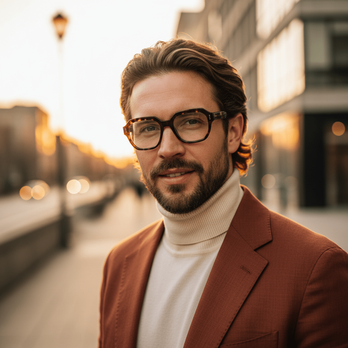 Stylish man in golden hour sunlight wearing bold octagonal tortoiseshell acetate eyeglass frames.