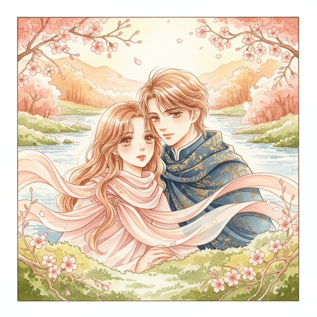 Shoujo manga couple embracing by a riverbank with watercolor blossoms and flowing scarves.