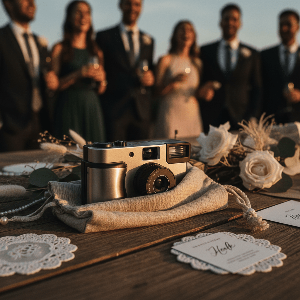 Close-up of a metallic disposable camera in a linen pouch at a wedding.