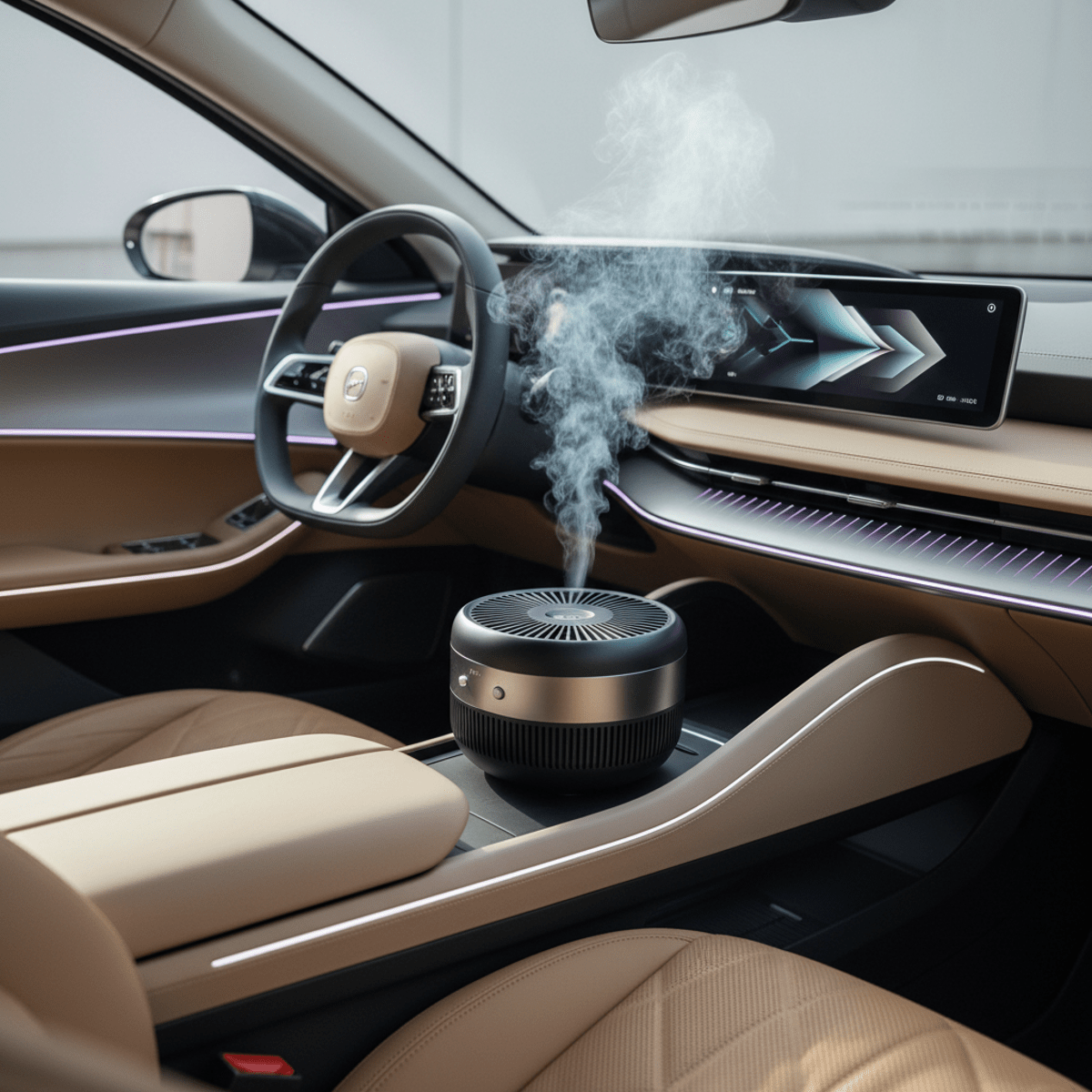 Sleek car air purifier emits scented vapor in a futuristic vehicle interior.