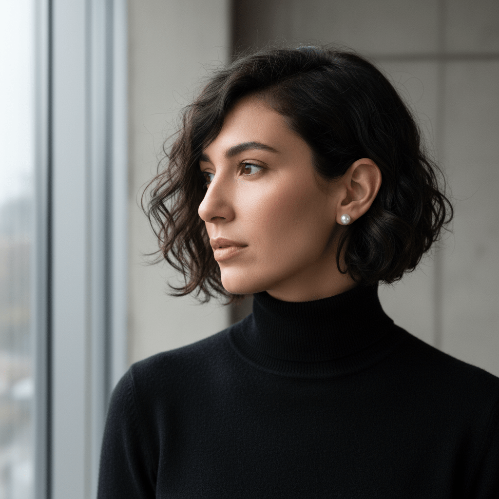 Creative professional with pearl earring, soft daylight, and minimal concrete backdrop.