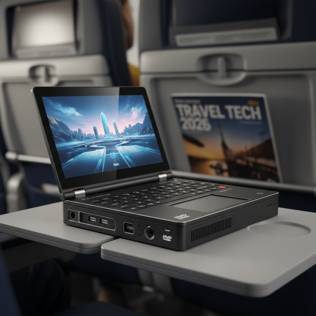 Ultra-slim portable DVD player with 12-inch screen on airplane tray table.