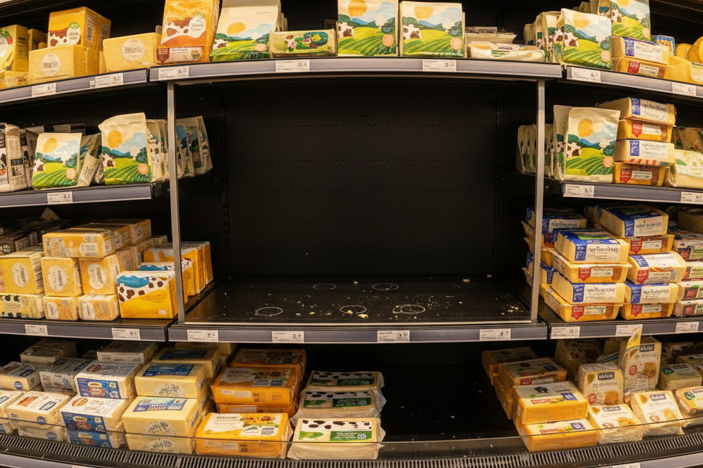 Close-up view of supermarket shelf showing missing recalled cheese products under natural and ambient lighting