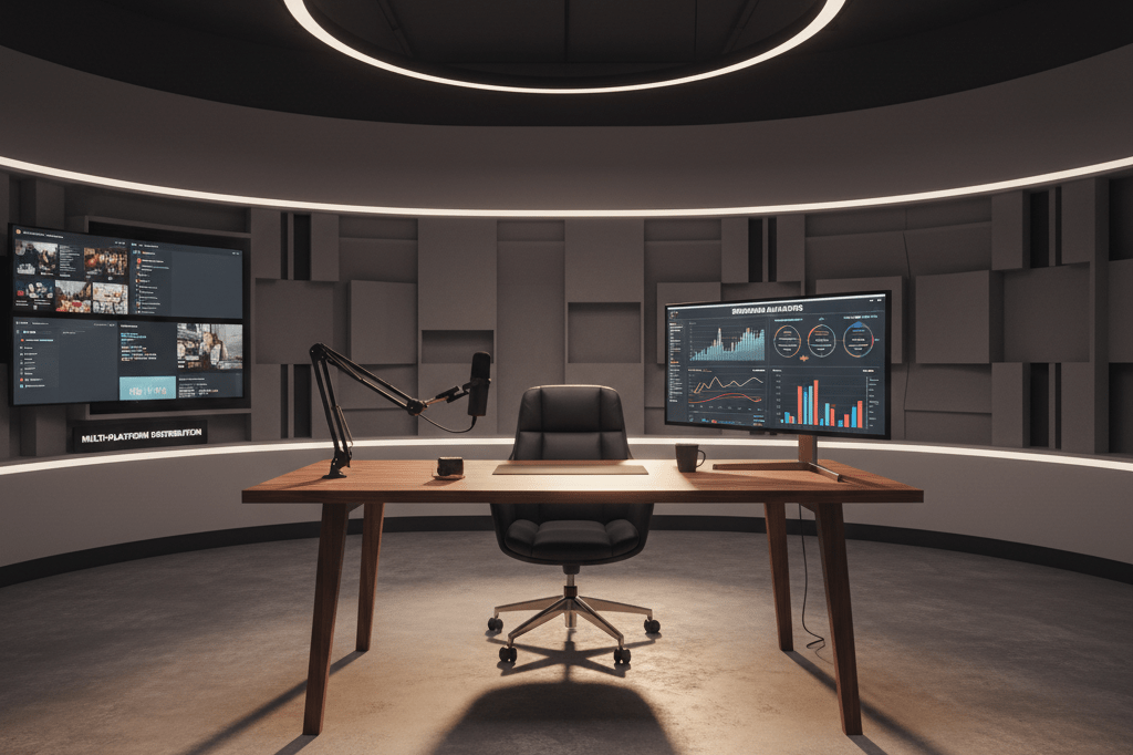 Wide shot of sleek desk with microphone and analytics screen in warm ambient light, representing modern comedy content evolution