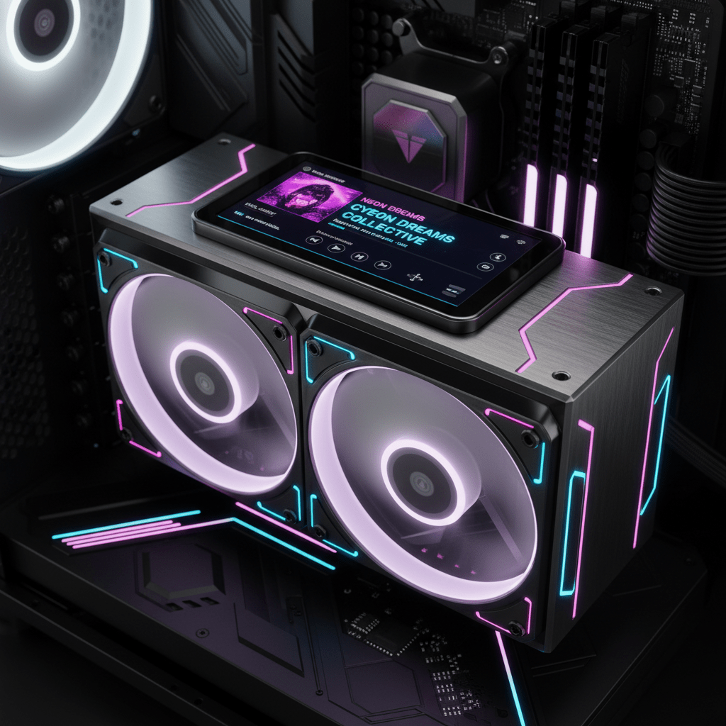 Futuristic CPU cooler with LCD media dashboard in a cyberpunk neon PC interior.