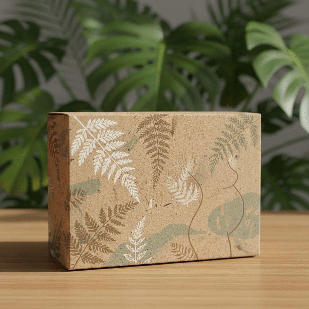 Eco-luxe biodegradable maternity pad packaging made from recycled paperboard with botanical art.