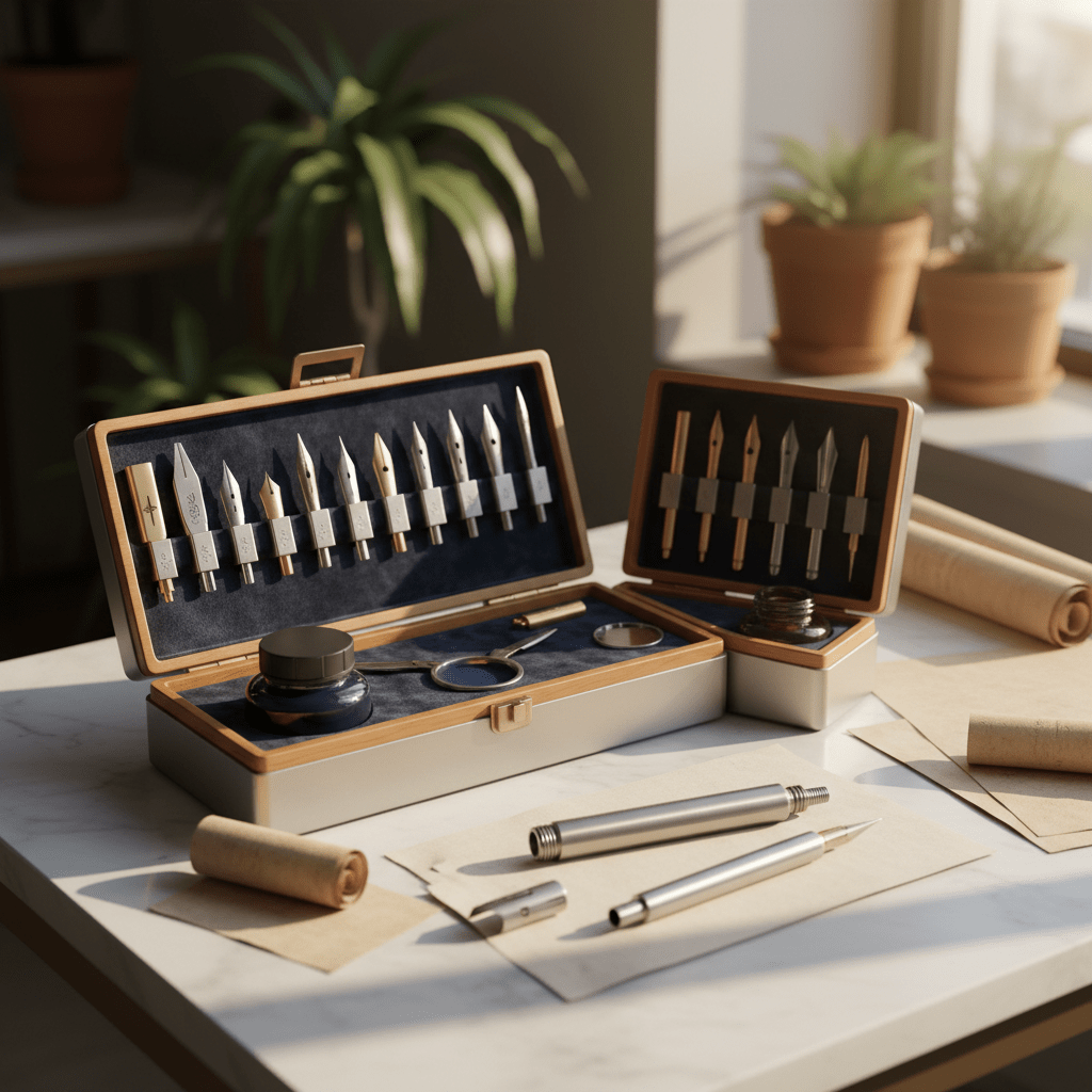 Artistic workspace with modular calligraphy tools on a white marble tabletop.