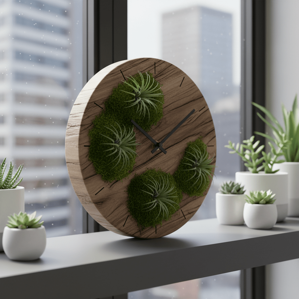 Circular driftwood clock featuring moss gardens and air plants with minimalist hour markers.