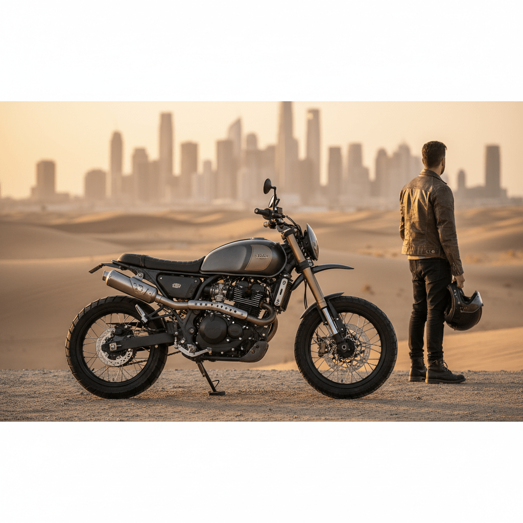 Urban scrambler motorcycle at desert edge against city skyline, golden hour.