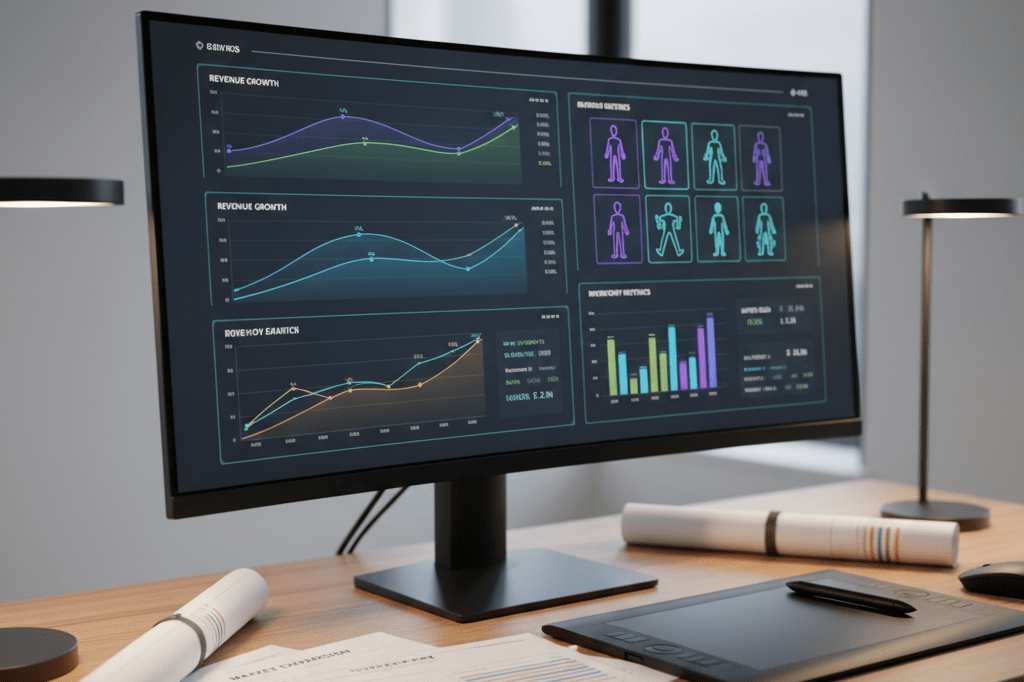 Game dev desk with data charts and character grids on screen under natural light