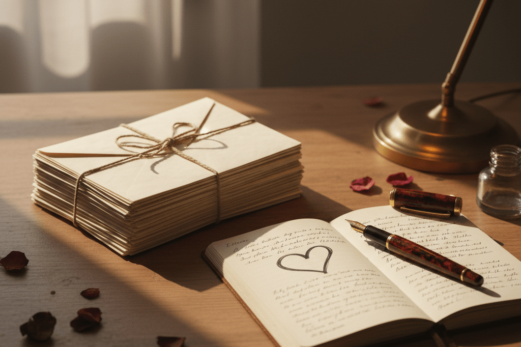 Warmly lit desk with handwritten letters, notebook, and pen under soft natural light, evoking emotional engagement strategies in business