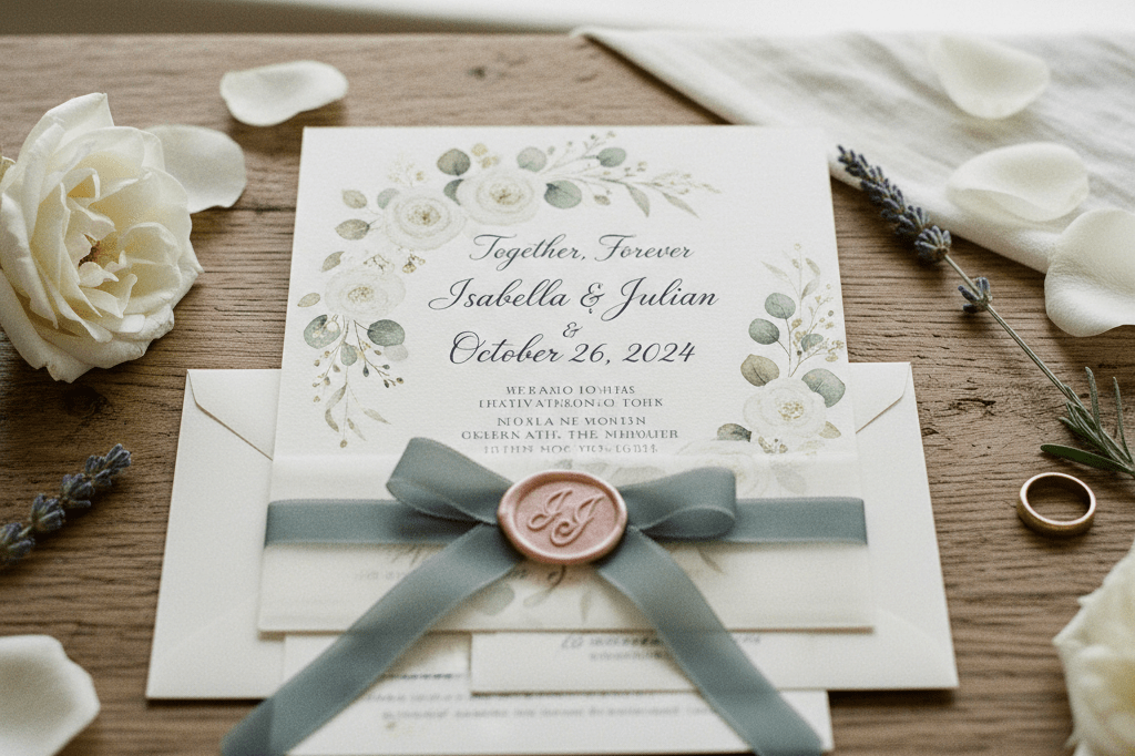 Elegant wedding invitation suite with floral accents in natural light Close-up of beautifully designed wedding invitations featuring calligraphy and flowers under soft ambient lighting