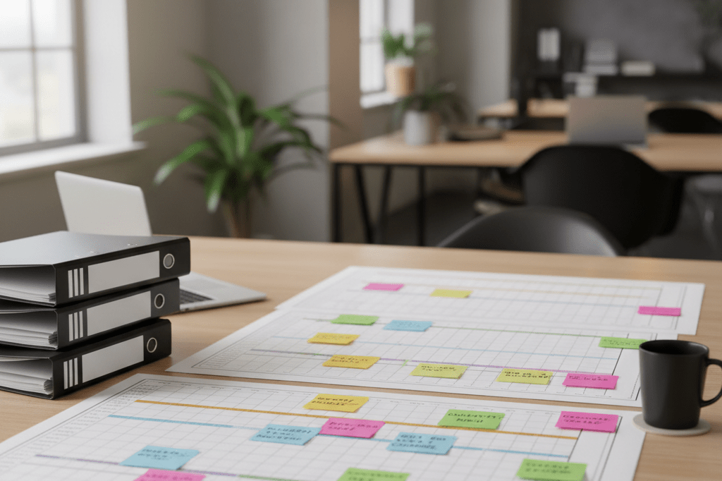 Long-term production planning timeline on a modern business desk Organized desk with two-year production schedules and code names under soft natural light symbolizing strategic planning