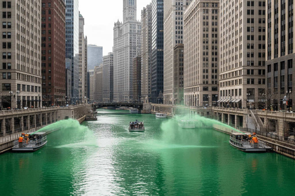 Wide-angle view of Chicago’s green-dyed river near downtown architecture during annual cultural celebration