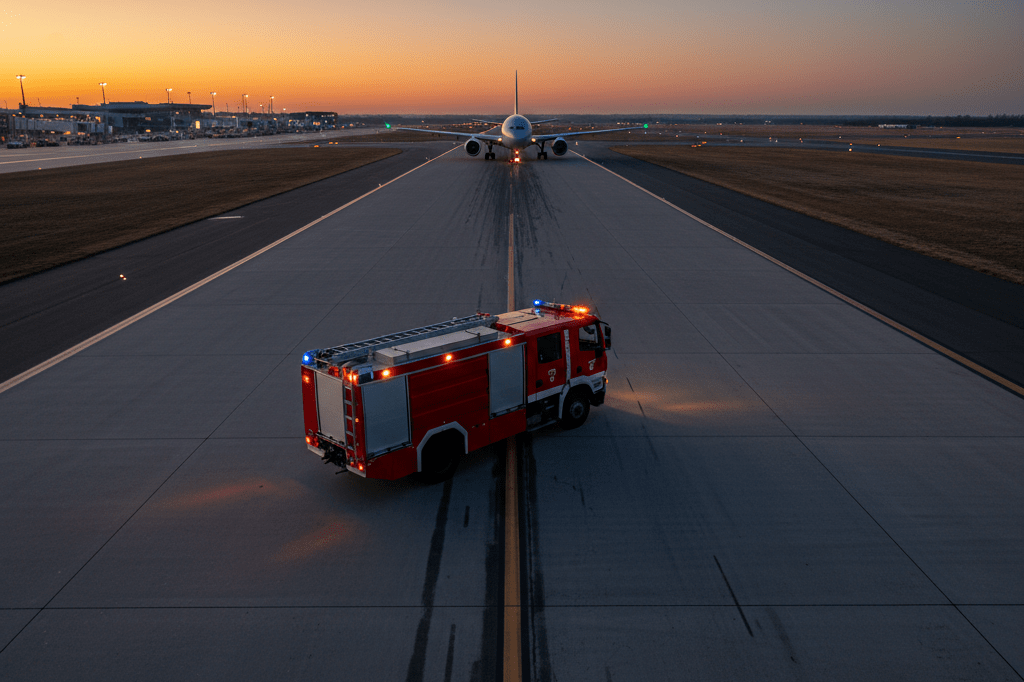 Airport Runway Scene Highlighting Emergency Response Vulnerabilities Wide-angle view of an airport runway with fire truck and aircraft illustrating emergency response challenges during critical situations