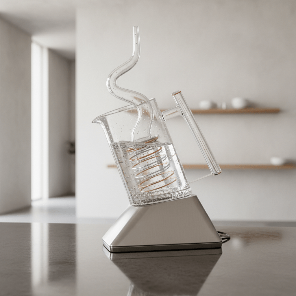 A sculptural electric glass tea kettle with an asymmetric design on a reflective kitchen counter.