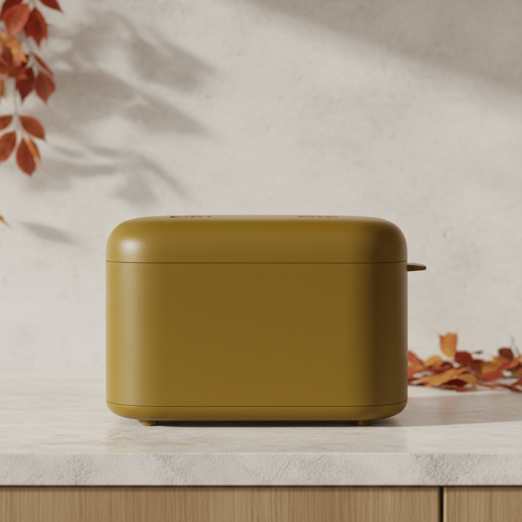 Sleek mustard yellow sandwich toaster on a modern kitchen counter with autumn leaves.