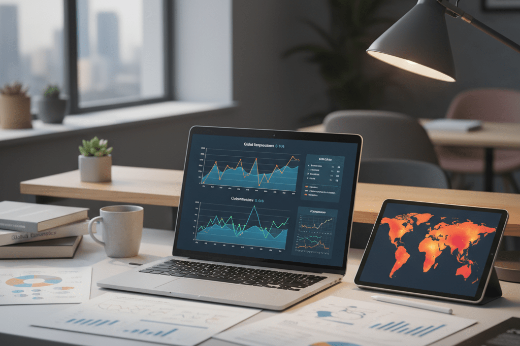 Desk with laptop showing climate graphs, documents, and tablet under natural and ambient light symbolizing adaptive economic planning