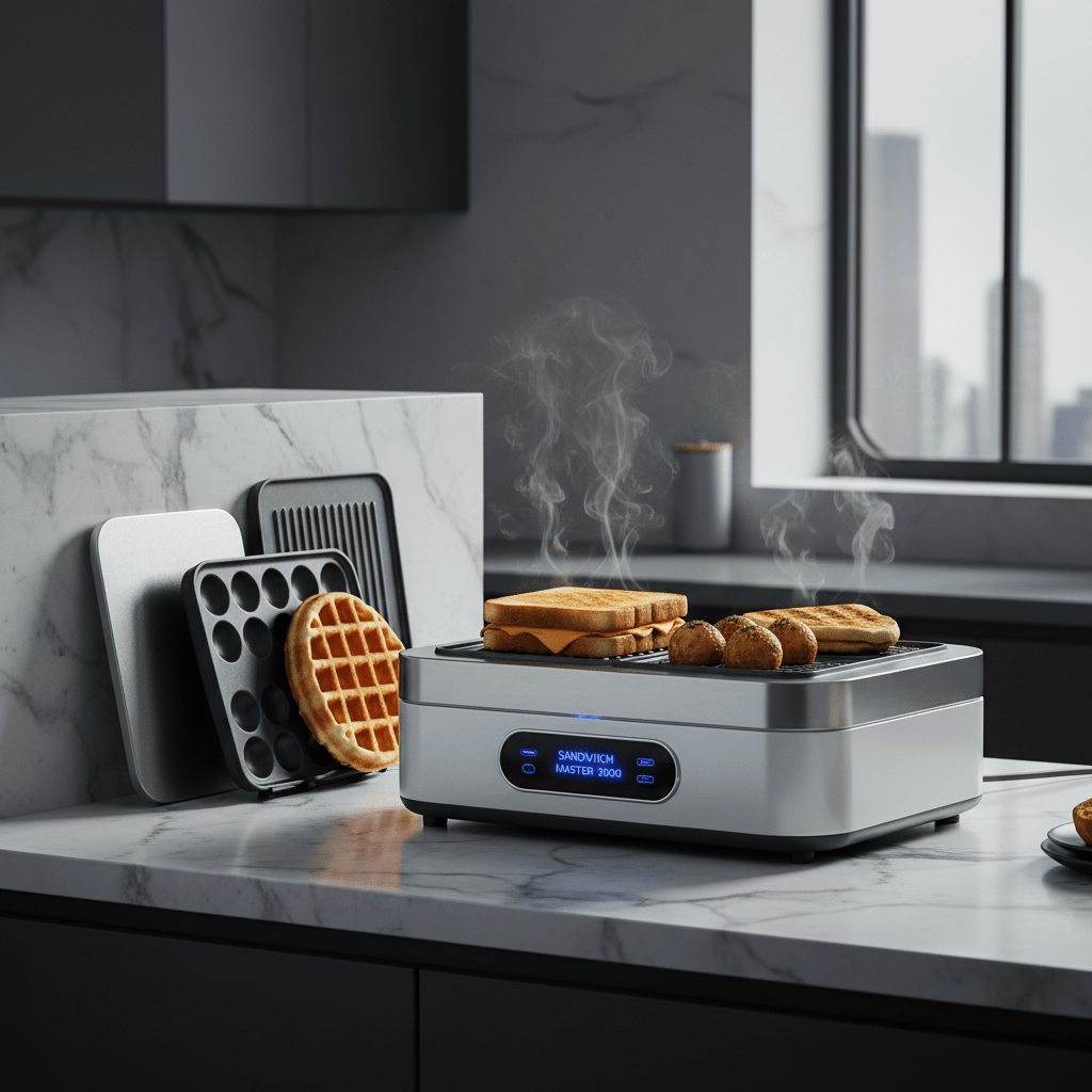 Futuristic modular toaster with interchangeable plates on a marble countertop.
