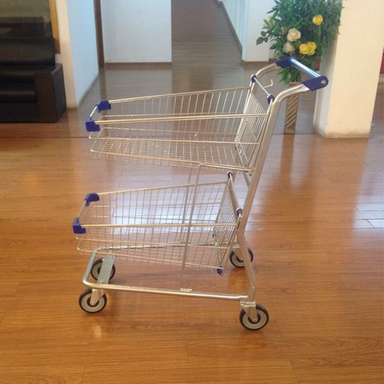 Высокое качество супермаркет корзина 4 колеса на заказ 2 яруса тележки для продажи