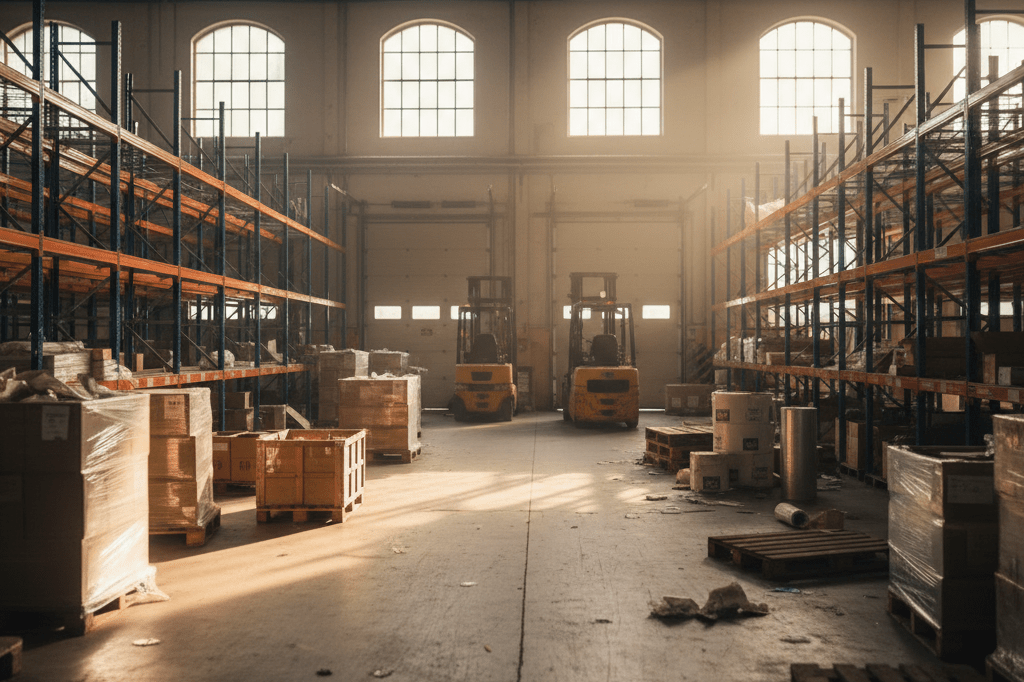Industrial warehouse with empty shelves and scattered supplies under warm ambient lighting, symbolizing supply chain challenges