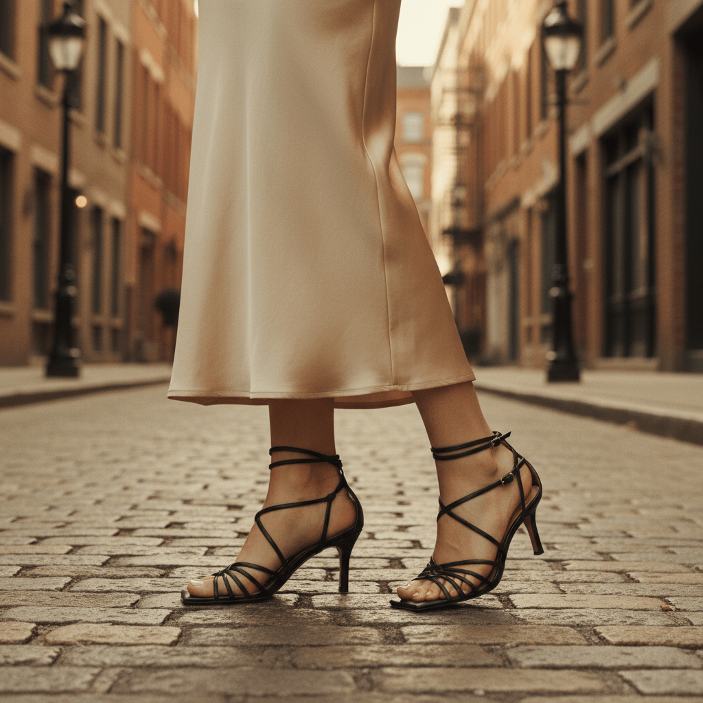 1995 inspired strappy kitten heels with black leather straps paired with a champagne slip dress.