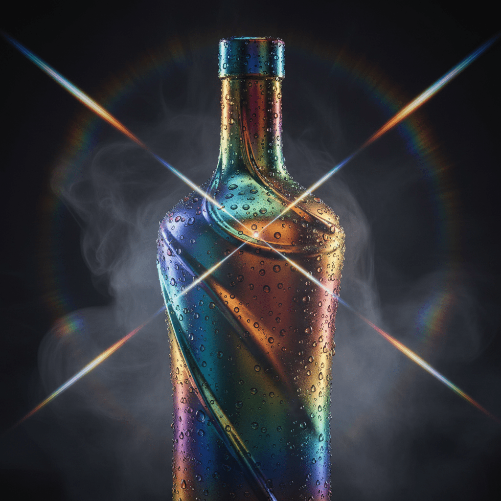 Elegant vodka bottle with holographic coating shimmering with color gradients and fog.