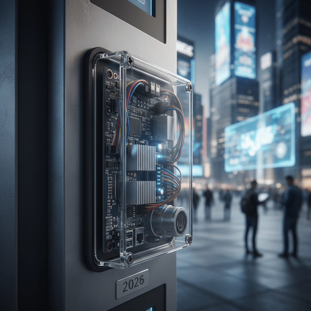 Close-up of single board PC inside smart city kiosk, showing intricate circuit board details.
