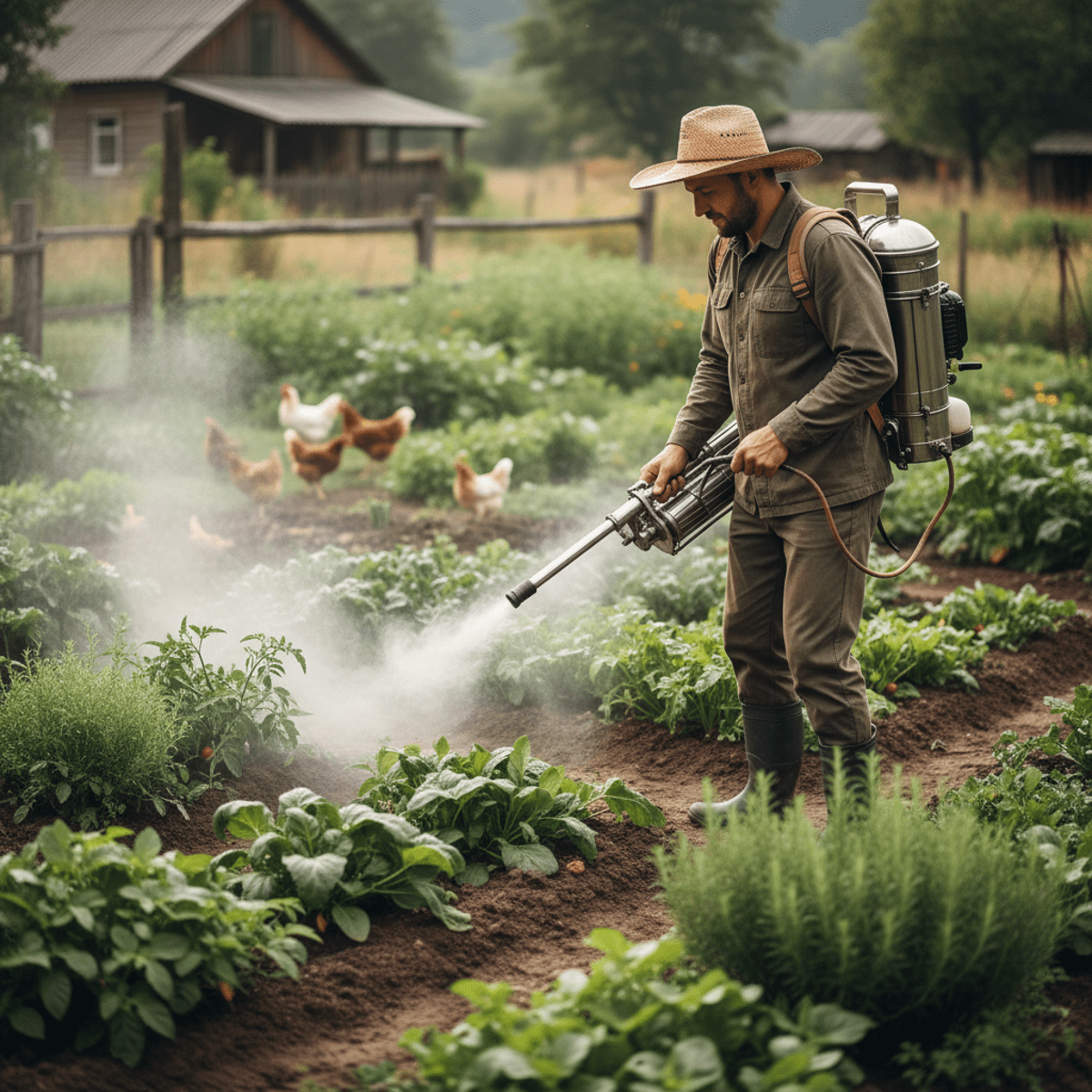 Organic farmer uses backpack fogger to mist vegetable patches with plant-based insecticide.